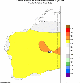 probability of exceeding median maximum temperature - click on the image for a larger version of the map