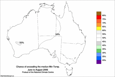 probability of exceeding median minimum temperature - click on the image for a larger version of the map