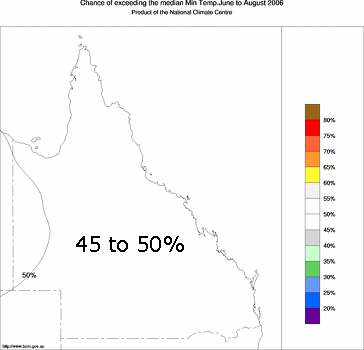 probability of exceeding median minimum temperature - click on the image for a larger version of the map