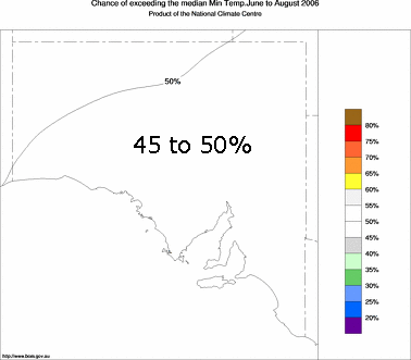 probability of exceeding median minimum temperature - click on the image for a larger version of the map