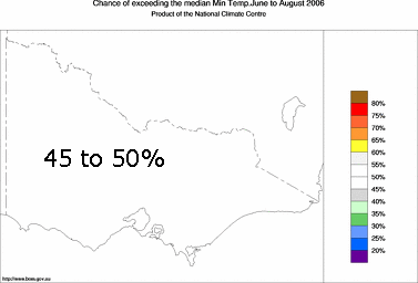 probability of exceeding median minimum temperature - click on the image for a larger version of the map