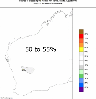 probability of exceeding median minimum temperature - click on the image for a larger version of the map