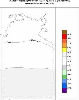probability of exceeding median maximum temperature - click on the image for a larger version of the map