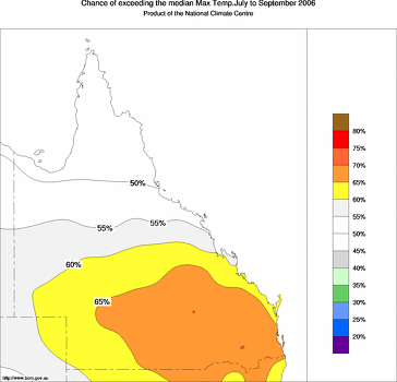 probability of exceeding median maximum temperature - click on the image for a larger version of the map