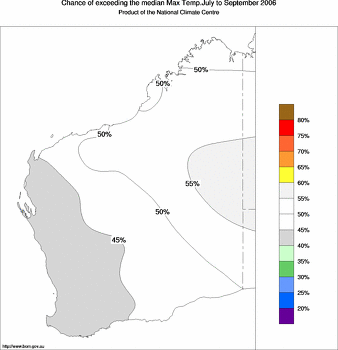 probability of exceeding median maximum temperature - click on the image for a larger version of the map