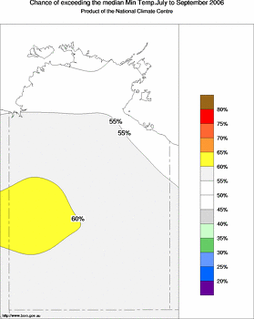 probability of exceeding median minimum temperature - click on the image for a larger version of the map