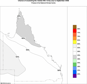 probability of exceeding median minimum temperature - click on the image for a larger version of the map