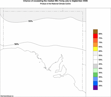 probability of exceeding median minimum temperature - click on the image for a larger version of the map