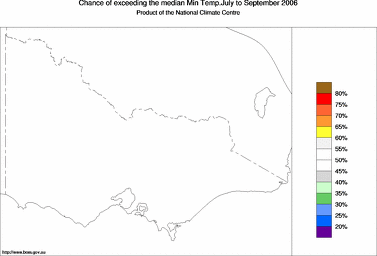 probability of exceeding median minimum temperature - click on the image for a larger version of the map
