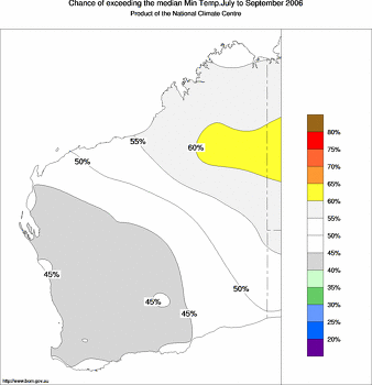 probability of exceeding median minimum temperature - click on the image for a larger version of the map