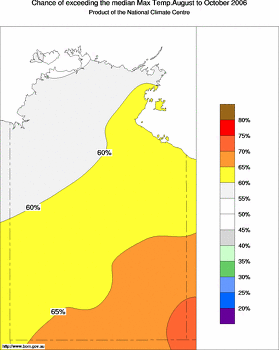 probability of exceeding median maximum temperature - click on the image for a larger version of the map
