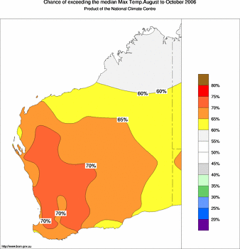 probability of exceeding median maximum temperature - click on the image for a larger version of the map