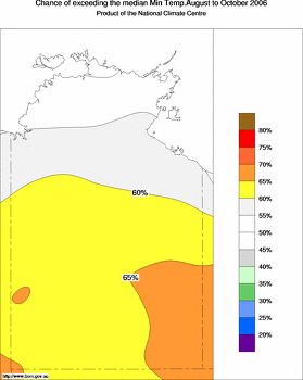probability of exceeding median minimum temperature - click on the image for a larger version of the map