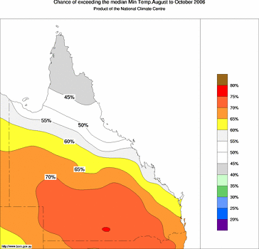 probability of exceeding median minimum temperature - click on the image for a larger version of the map