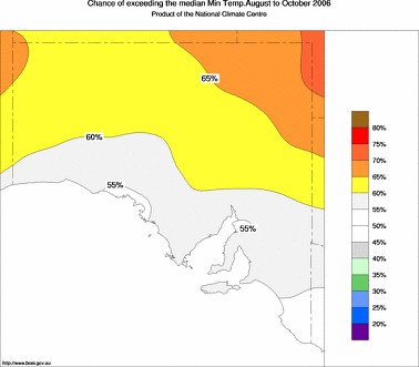 probability of exceeding median minimum temperature - click on the image for a larger version of the map