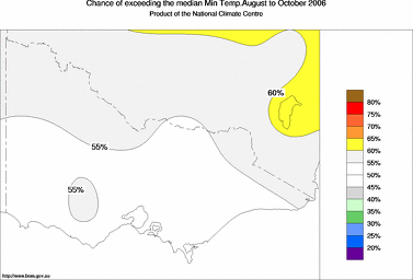 probability of exceeding median minimum temperature - click on the image for a larger version of the map