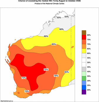 probability of exceeding median minimum temperature - click on the image for a larger version of the map
