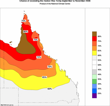 probability of exceeding median maximum temperature - click on the image for a larger version of the map