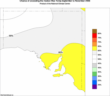 probability of exceeding median maximum temperature - click on the image for a larger version of the map