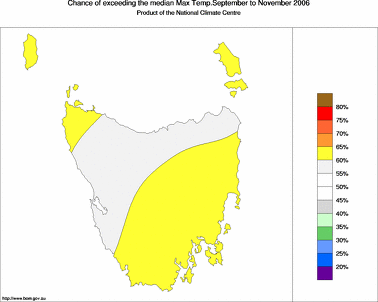 probability of exceeding median maximum temperature - click on the image for a larger version of the map