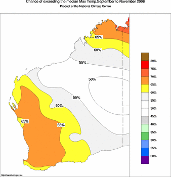 probability of exceeding median maximum temperature - click on the image for a larger version of the map