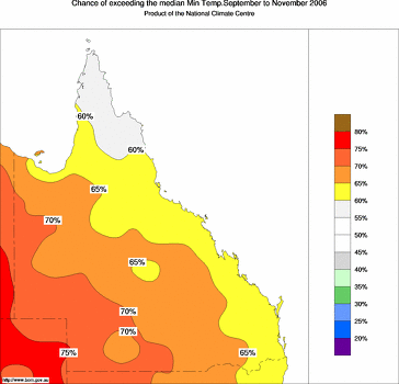 probability of exceeding median minimum temperature - click on the image for a larger version of the map