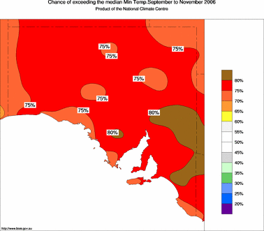 probability of exceeding median minimum temperature - click on the image for a larger version of the map