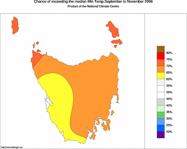 probability of exceeding median minimum temperature - click on the image for a larger version of the map