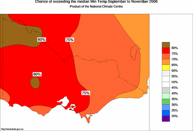 probability of exceeding median minimum temperature - click on the image for a larger version of the map