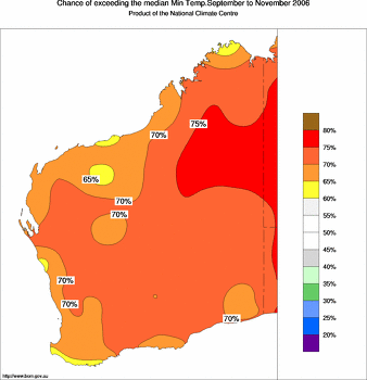 probability of exceeding median minimum temperature - click on the image for a larger version of the map