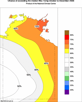 probability of exceeding median maximum temperature - click on the image for a larger version of the map