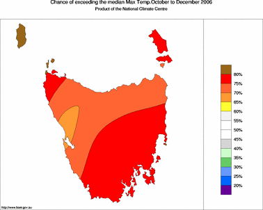 probability of exceeding median maximum temperature - click on the image for a larger version of the map
