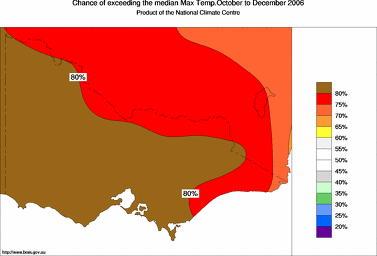 probability of exceeding median maximum temperature - click on the image for a larger version of the map