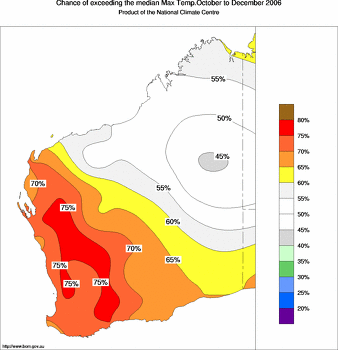 probability of exceeding median maximum temperature - click on the image for a larger version of the map