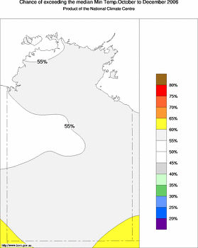 probability of exceeding median minimum temperature - click on the image for a larger version of the map