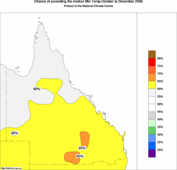 probability of exceeding median minimum temperature - click on the image for a larger version of the map