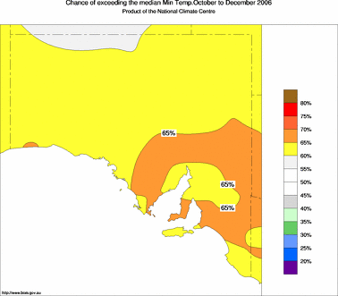 probability of exceeding median minimum temperature - click on the image for a larger version of the map