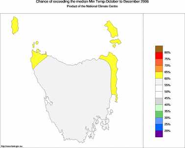 probability of exceeding median minimum temperature - click on the image for a larger version of the map