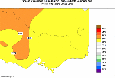 probability of exceeding median minimum temperature - click on the image for a larger version of the map