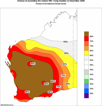 probability of exceeding median minimum temperature - click on the image for a larger version of the map