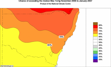 probability of exceeding median maximum temperature - click on the image for a larger version of the map