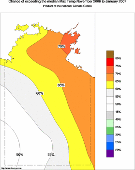 probability of exceeding median maximum temperature - click on the image for a larger version of the map