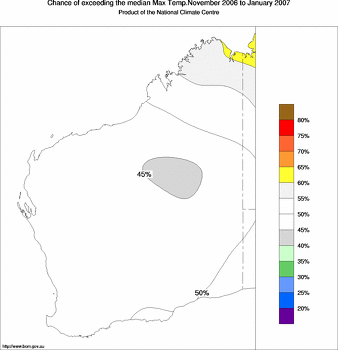 probability of exceeding median maximum temperature - click on the image for a larger version of the map