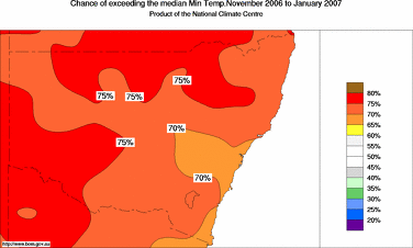 probability of exceeding median minimum temperature - click on the image for a larger version of the map