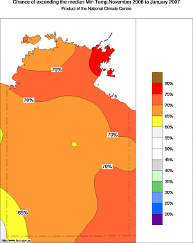 probability of exceeding median minimum temperature - click on the image for a larger version of the map