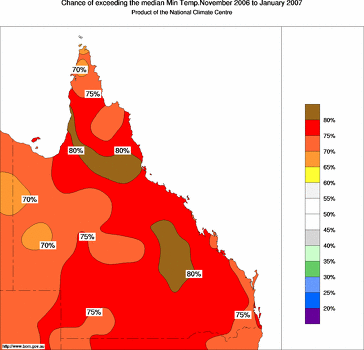 probability of exceeding median minimum temperature - click on the image for a larger version of the map