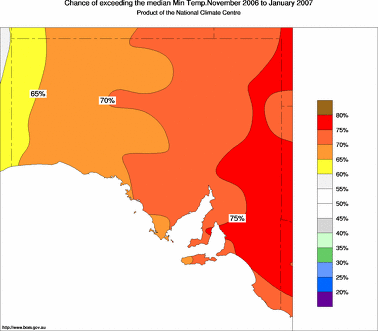 probability of exceeding median minimum temperature - click on the image for a larger version of the map