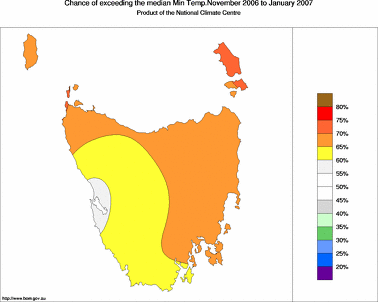 probability of exceeding median minimum temperature - click on the image for a larger version of the map