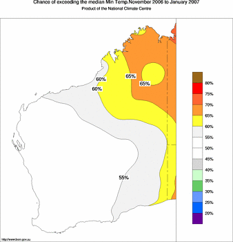 probability of exceeding median minimum temperature - click on the image for a larger version of the map
