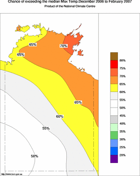 probability of exceeding median maximum temperature - click on the image for a larger version of the map